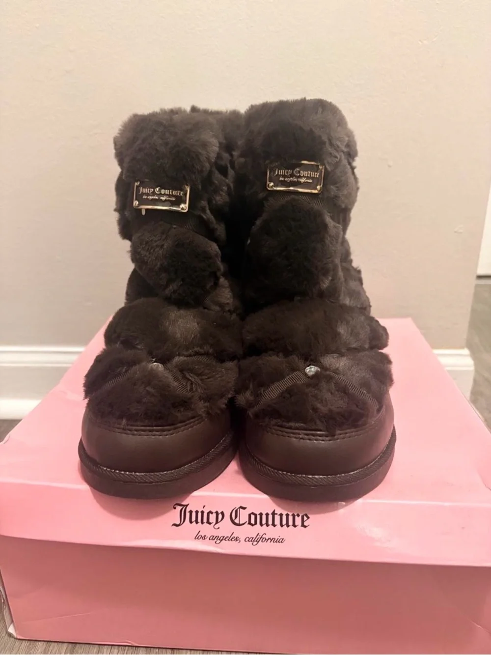 Juicy Couture Dark Brown Faux Fur Winter Boots with Logo Plaque